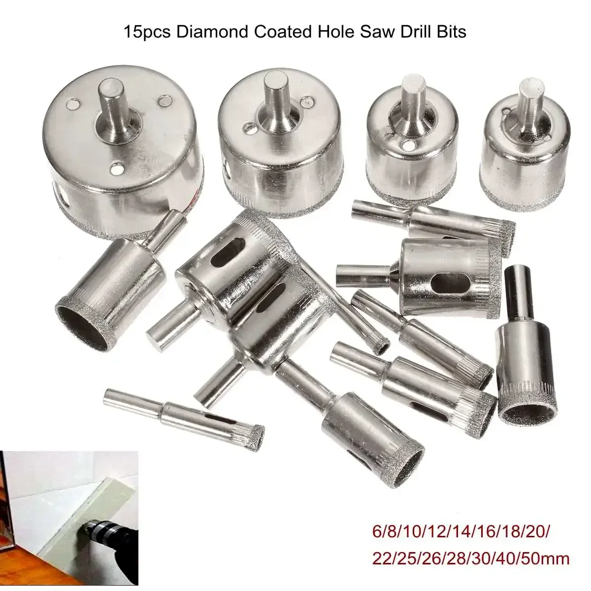 15pcs/set Diamond hole 6-50mm saw drill bit tool ceramic porcelain glass marble 6/8/10/12/14/16/18/20/22/25/26/28/30/40/50mm