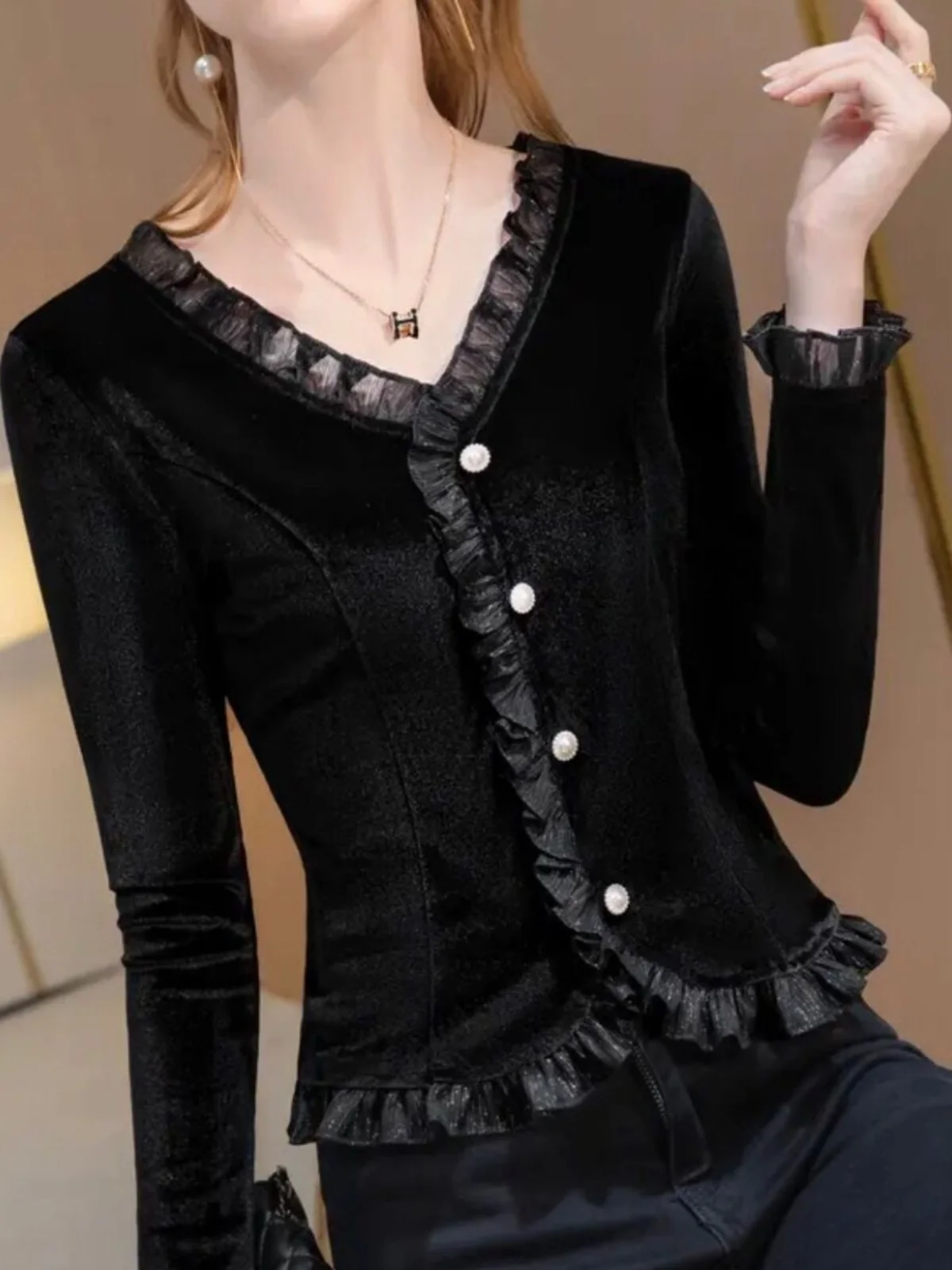 

Slimming Velvet T-irt V-Ne Long Sve Casual Sle Pure Color Faionable Versatile Slim Fit T-irt for Women