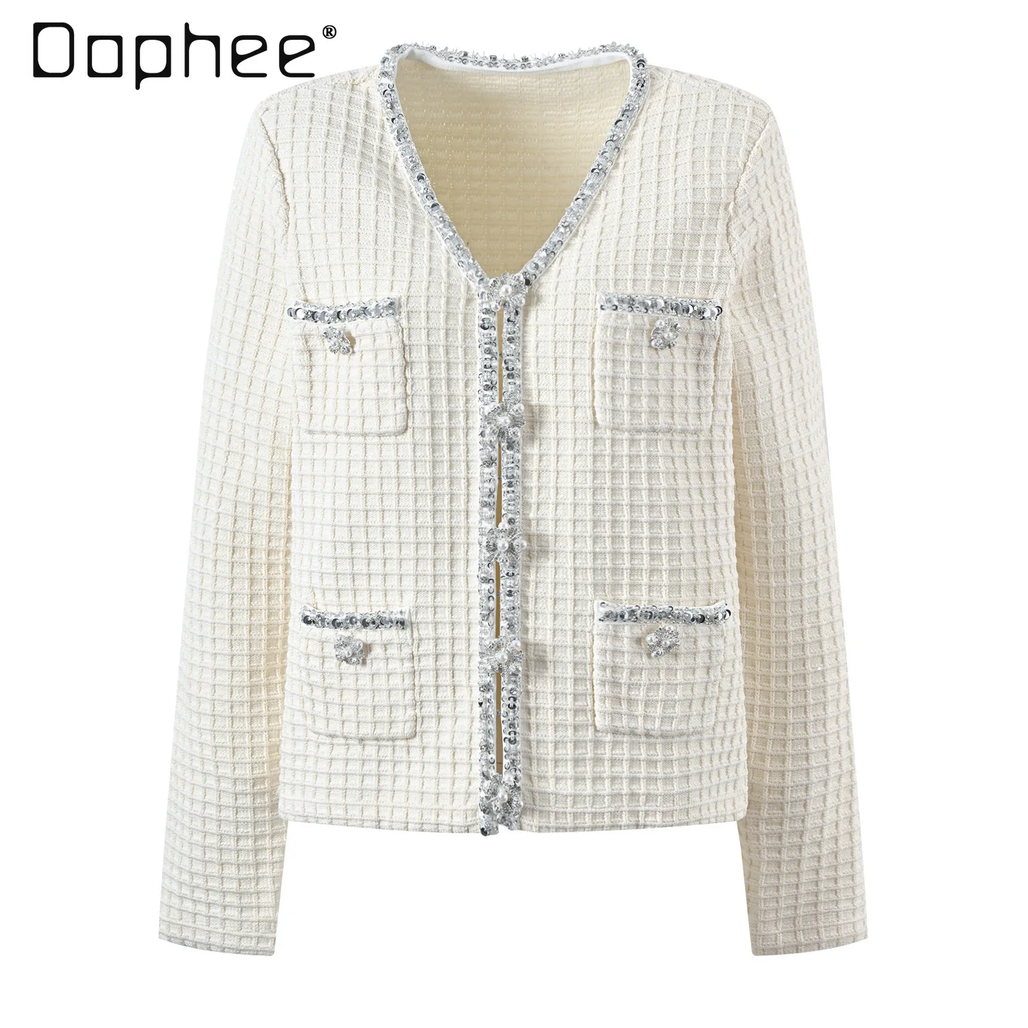 الفرنسية الخفيفة الفاخرة أنيقة الخامس الرقبة مطرز حجر الراين واحدة الصدر معطف طويل الأكمام المرأة موضة الراقية فضفاض معطف نحيف #2