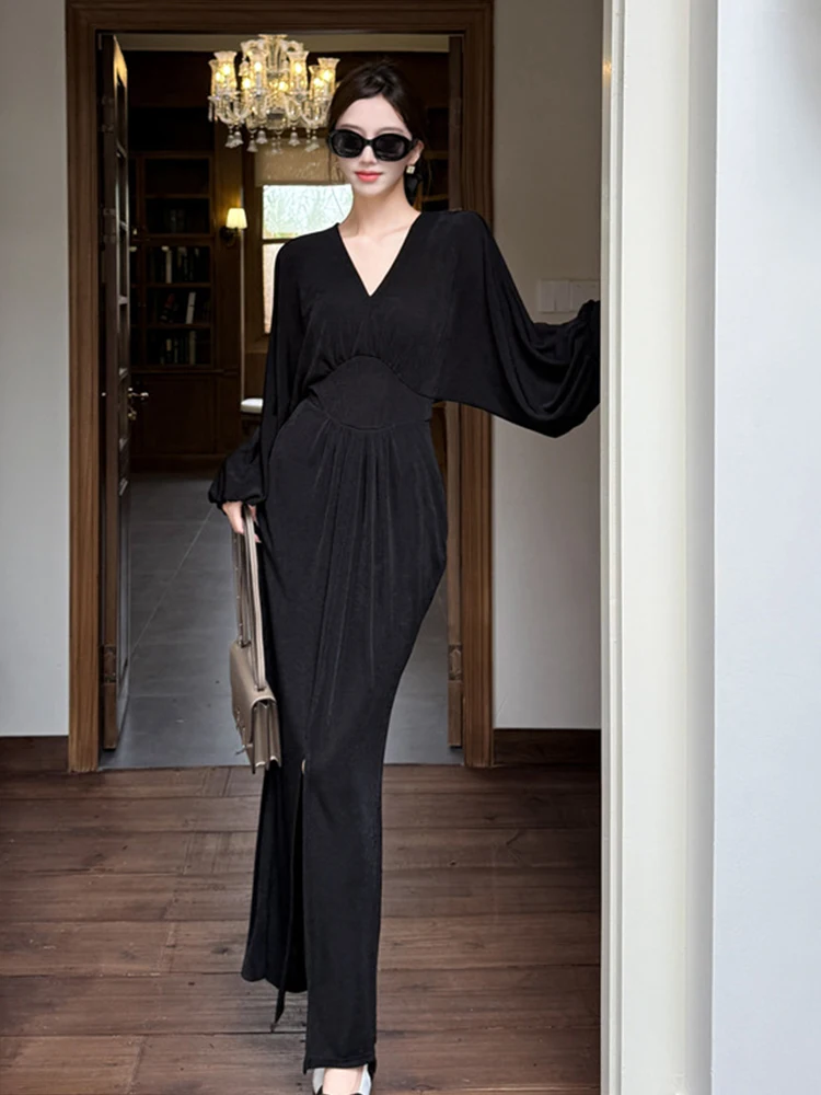 Ropa de mujer, Vestido largo ajustado con manga de murciélago negro y cuello en V, ropa de calle Retro elegante a la moda, Vestido informal para fiesta y graduación, Vestido de mujer