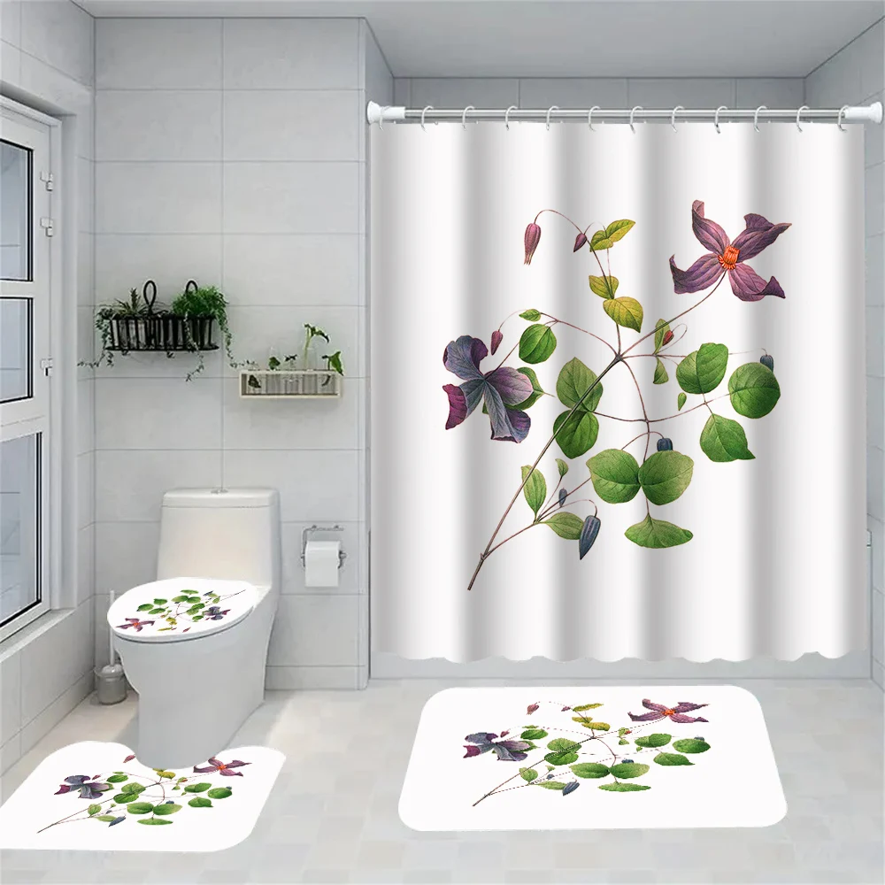

1/4 Simple leaves shower Curtains, Toilet Seat Decoration, Shower Curtain with Carpet and Toilet Lid, 12 70.8x70.8 inch Hooks