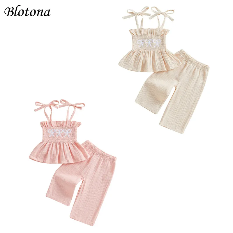 Blotona Toddler Girls 2Pcs Outfits Bow Embroidery Sleeveless Camisole and Elastic Waist Pants Set Baby Summer Clothes