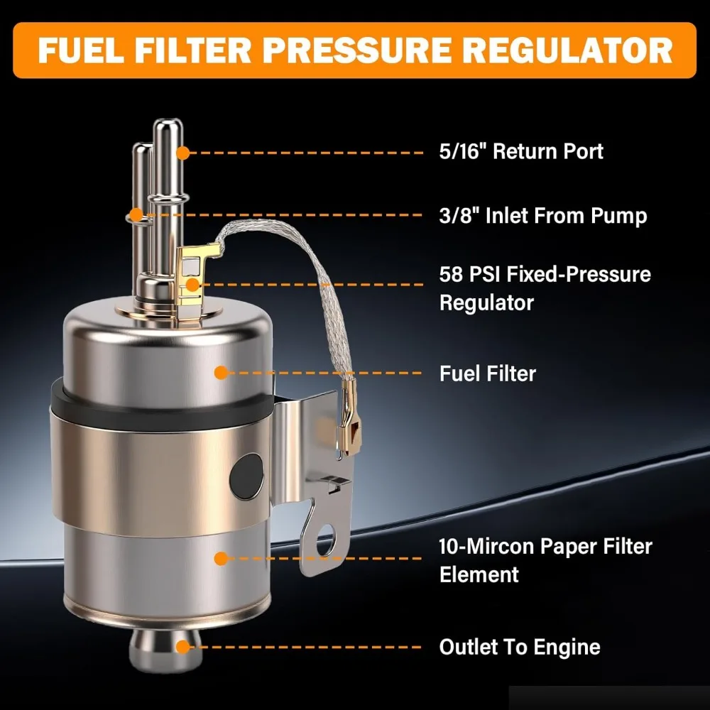 Inline Fuel Pump & Filter Regulator 58 PSI LS Swap EFI Conversion 255LPH High Pressure External Pump