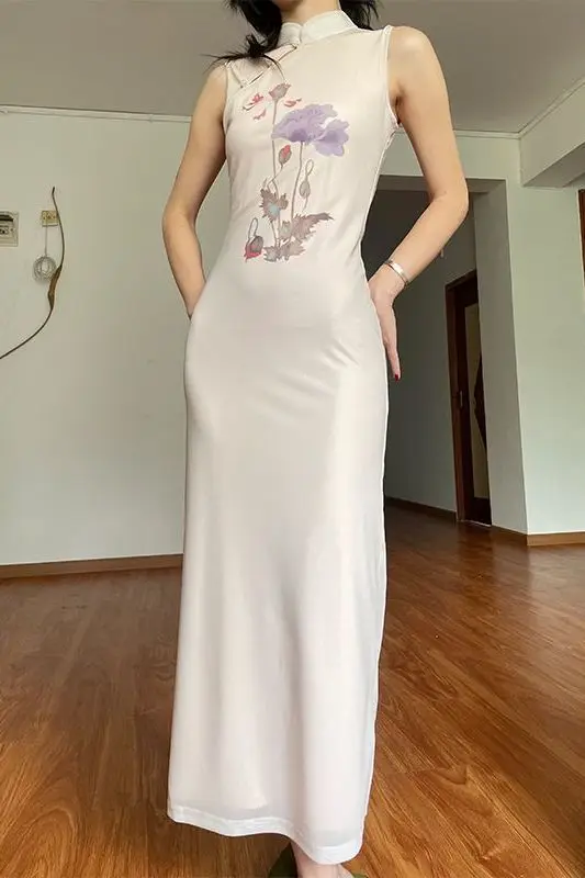 

2025 Chinese Style Nude Sheer Qipao Dress 2024 Lavender Floral Print Cheongsam with Slit Modern Oriental Elegant Evening Gown