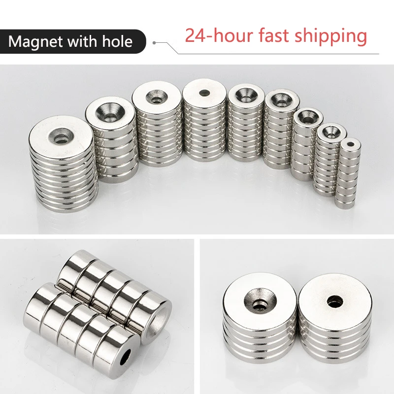 

10PCS Strong Neodymium Magnets with Hole Dia 8mm-20mm With M3 M4 M5 Countersunk Ring Hole Rare Earth Round N35 Magnet Strong