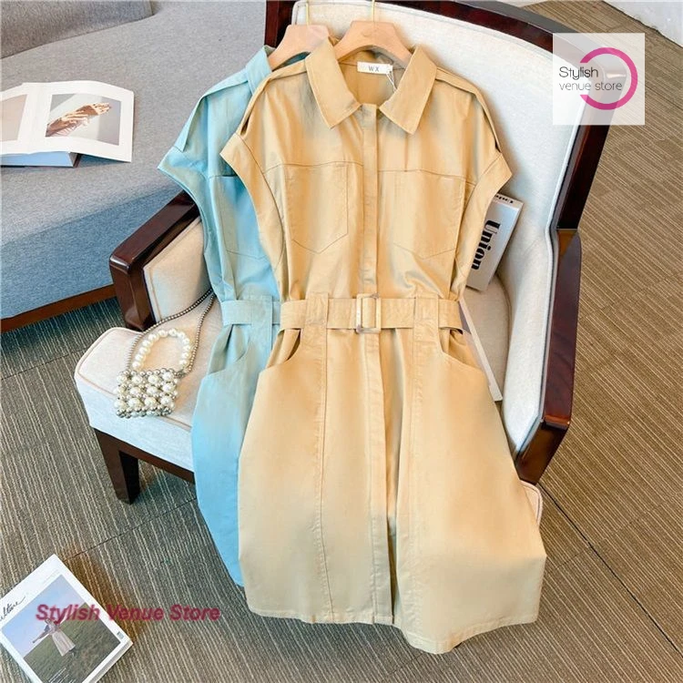 

French solid color temperament tooling design sense belt stitching dress women's summer fashion commuting slim long shirt skirt