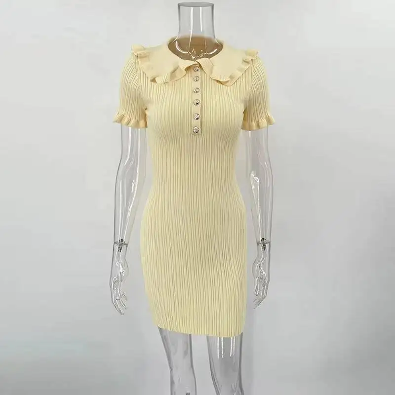 Tornova – Mini robe tricotée à volants pour femmes, taille haute, manches courtes, moulante, rétro, élégante, nouvelle collection été 2025