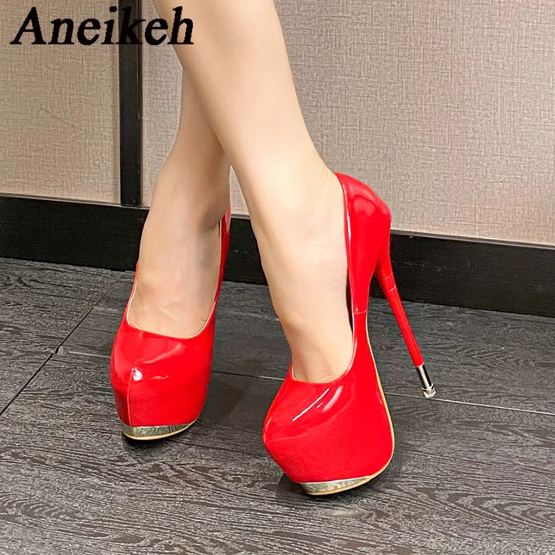 Aneikeh2024 Fashion Sexy Patent Leather Splicing Metal Thin Heel Single ShoesWomen\'s Round Toe Super High Heels Party Club Mules