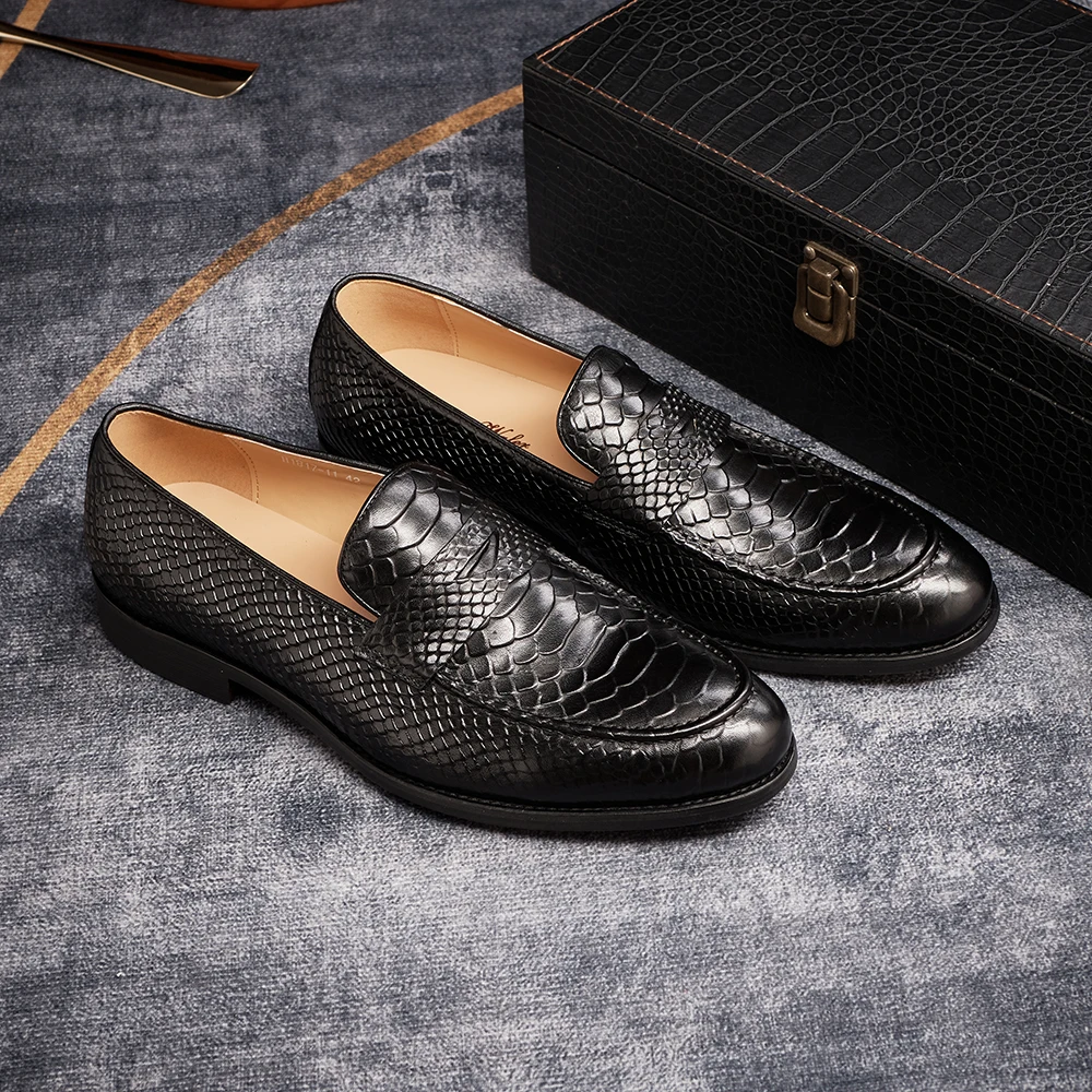 

FELIX CHU Genuine Leather Men's Loafers Pointed Snake Pattern Slip-on Monk Shoes Wedding Party Casual Formal Men's Dress Shoes