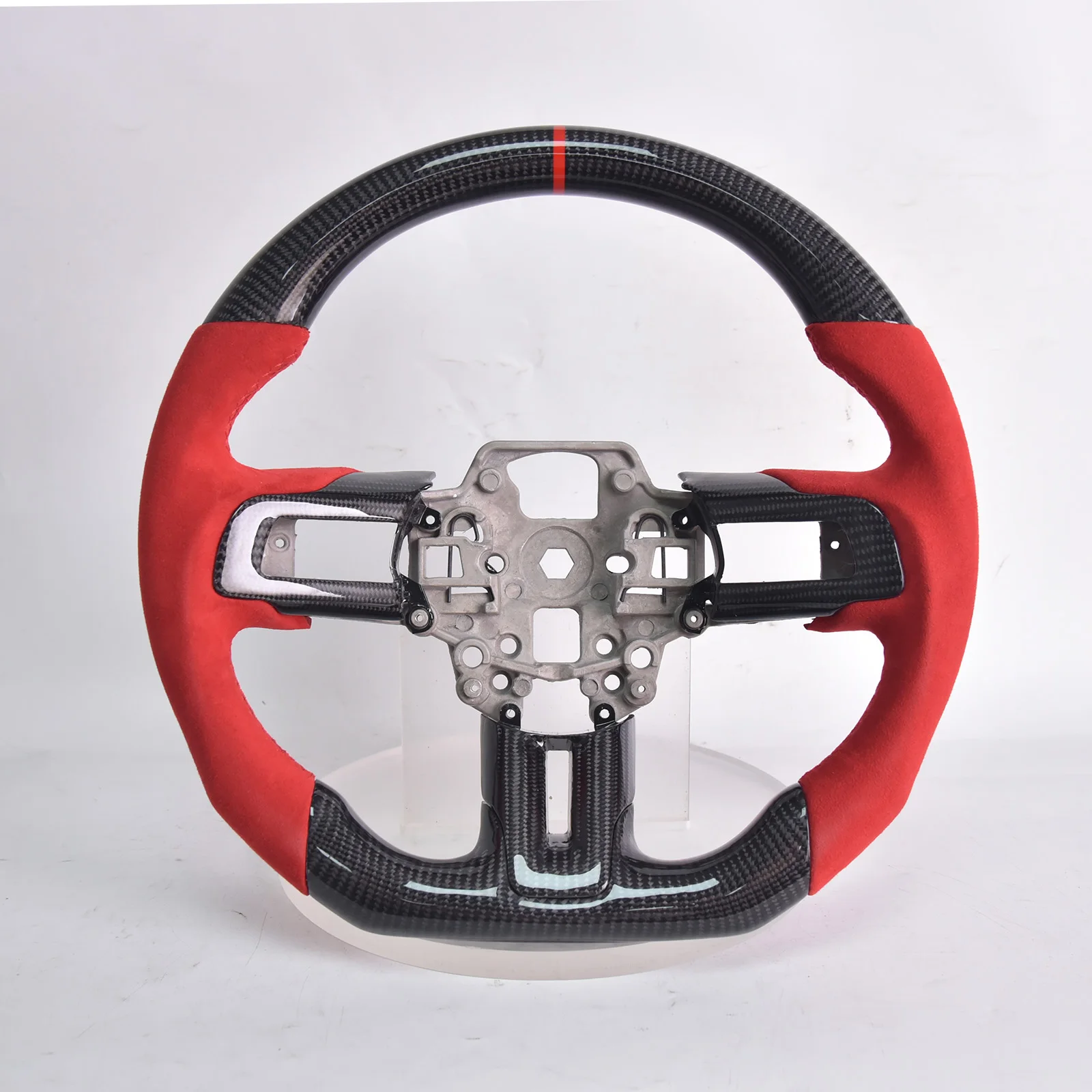 Carbon Fiber D-shape Steering Wheel for Ford Mustang GT/GT350/GT350R 2018-2021 Orange Perforated Leather Grip with Trim
