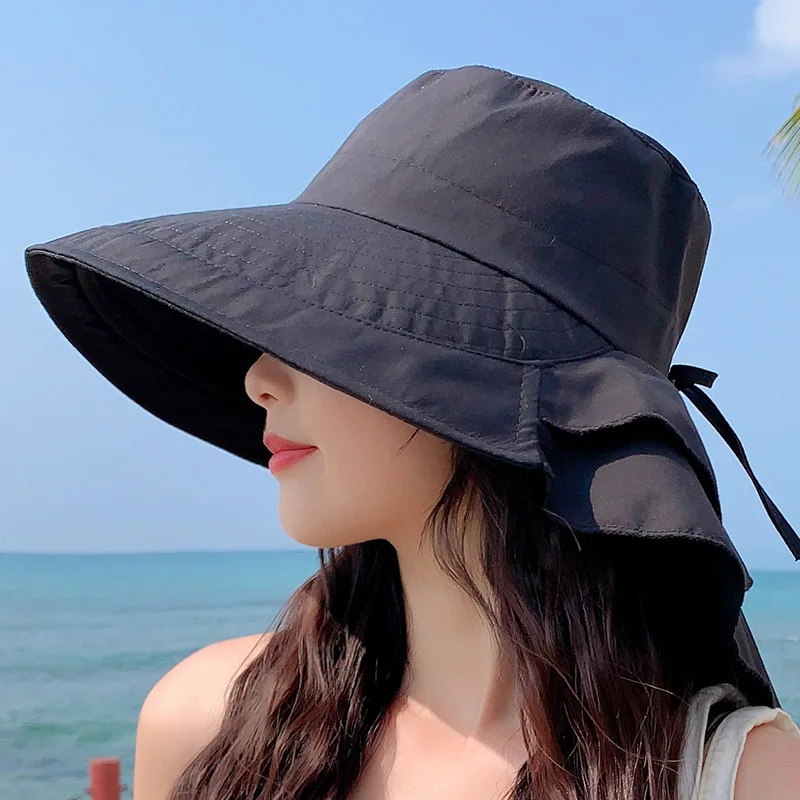 Women Waterproof Bucket Hats Summer Outdoor Sun Protection Ponytail Hole Hat Fashion Big Brim Hat Travel Fisherman Hat Sun Cap