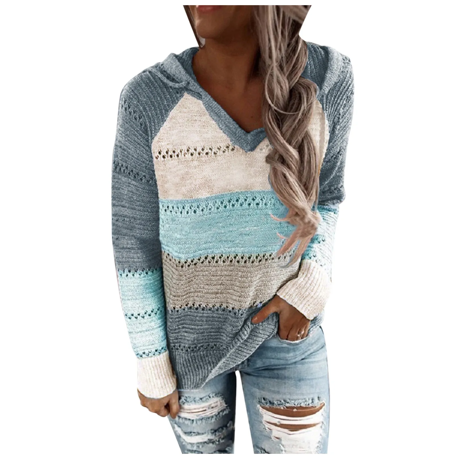 

Plus Size Autumn Winter Women'S Pullover Fashion Patchwork Long Sleeve Knit Sweater Tops Women Crochet Hollow Hooded Sweater