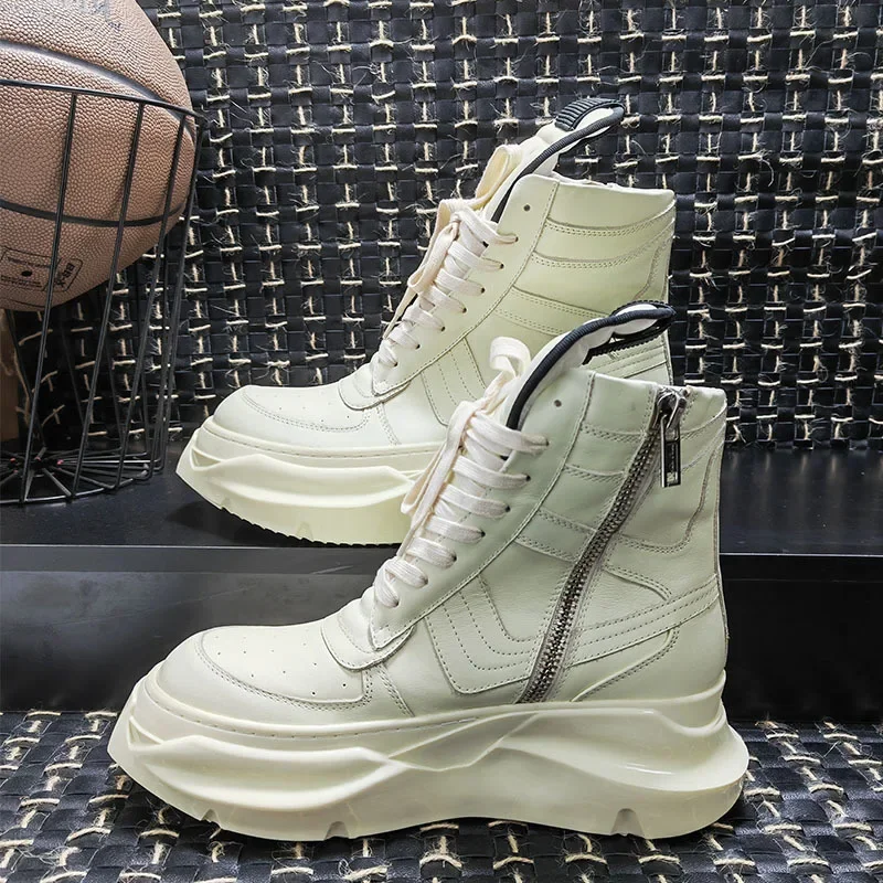 Men Women Boots Ankle Genuine Leather Motorcycle Shoes Platform Thick Sole Increase High Street Vintage Luxury Sneakers Owens view 3