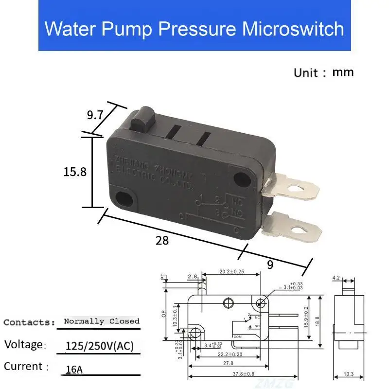Mikroprzełącznik KW7/16A - normalnie zamknięty (NC) wyłącznik krańcowy do pompy wodnej, pompy membranowej, myjki ciśnieniowej, pralki