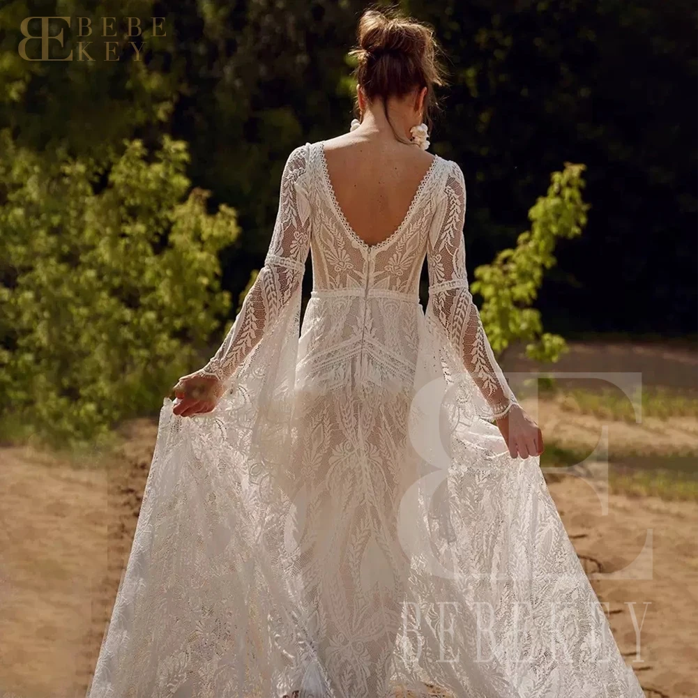 BEBEKEY Hippie Crochet Lace Wedding Dress With Long Sleeve Customized Chic Civil Bohemian Bridal Gown Gatsby Elvish Dress Robe