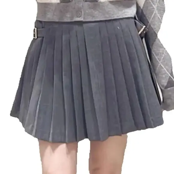 

Spring/Autumn Women High Waist Buckle Strap A-Line Solid Pleated Mini Skirt Zipper Casual Elegant Short Skir
