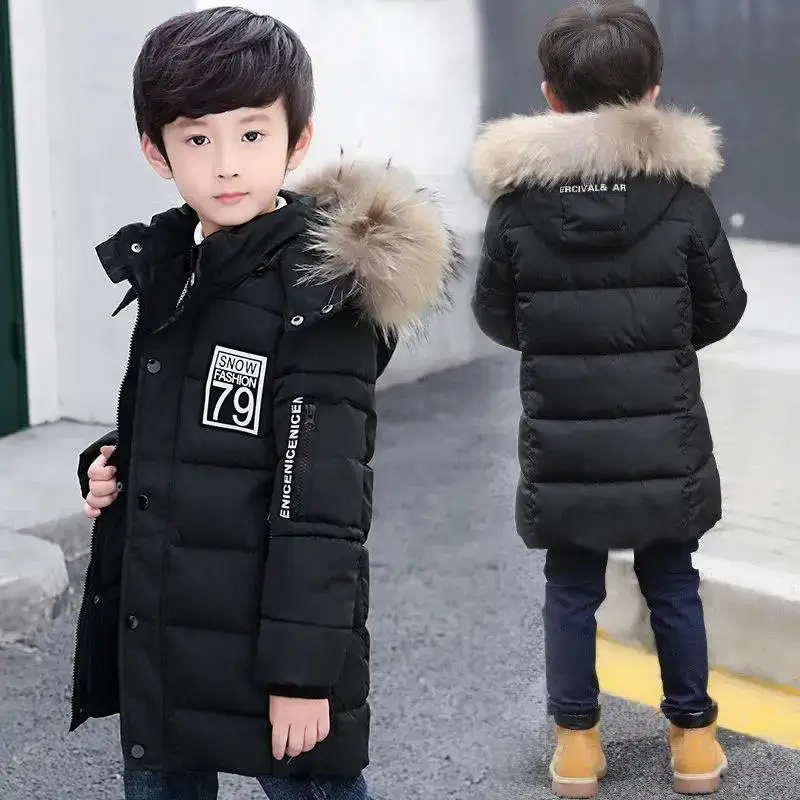 3 6 9 10 13 Years Big Boys Jacket Autumn Winter Children Fur Collar Hooded Warm Coats Teen Kids Fashion Mid-Length Outerwear