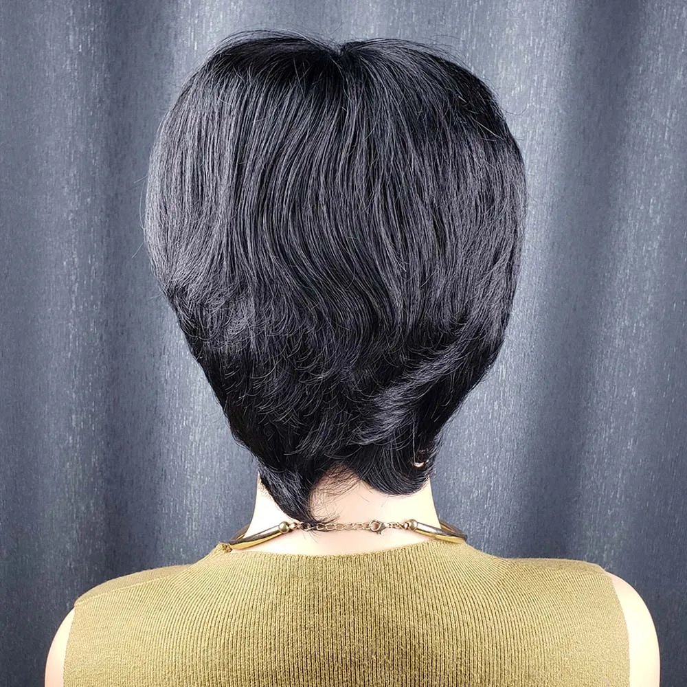 Pixie-Perücken für schwarze Frauen, Echthaar, kurze geschichtete Perücken mit Pony, voll maschinell hergestellte, maschinell hergestellte Perücke in natürlicher Farbe
