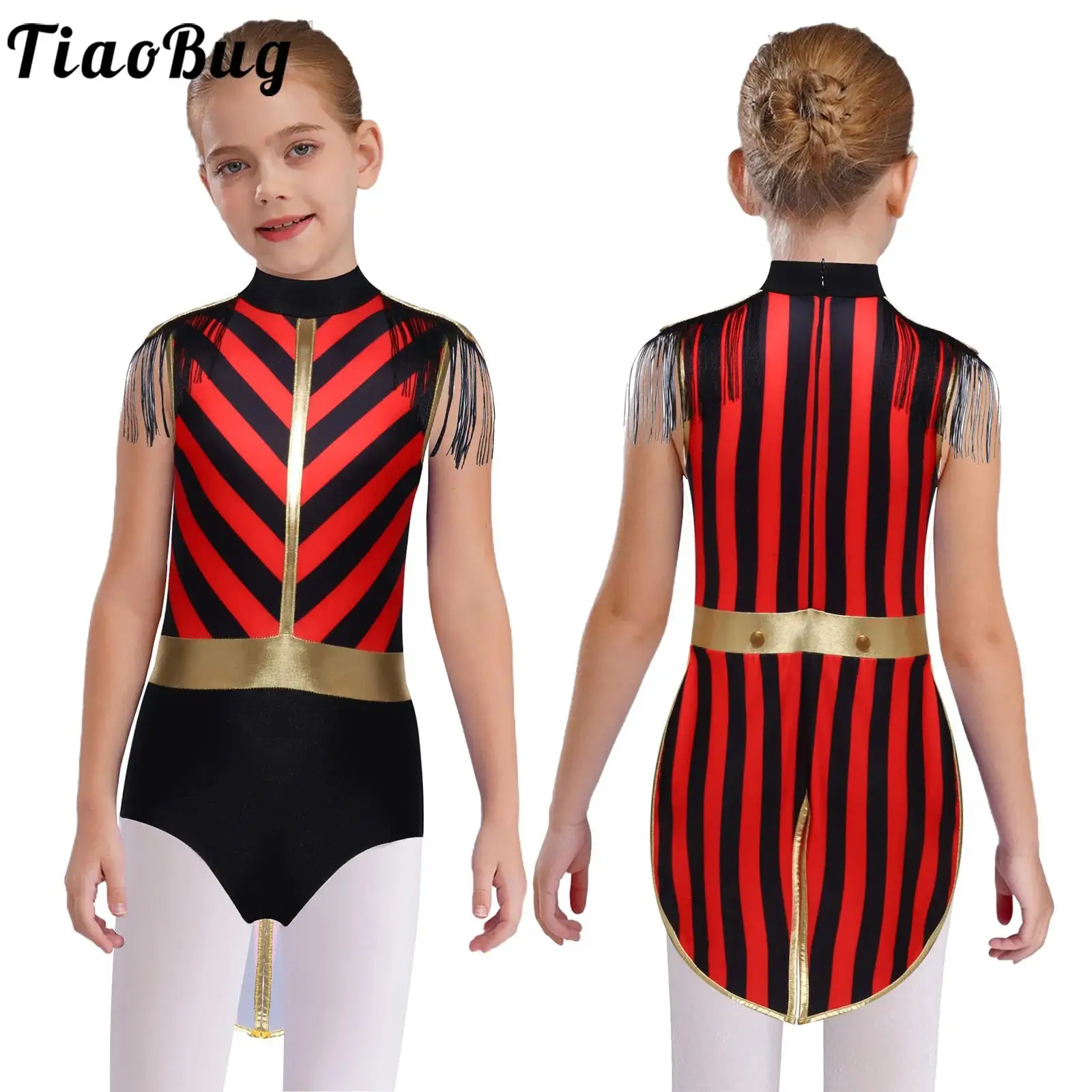 

Kids Girls Circus Ringmaster Halloween Costume Sleeveless Tassel Striped Tailcoat Jumpsuit for Christmas Carnival Party Dress Up