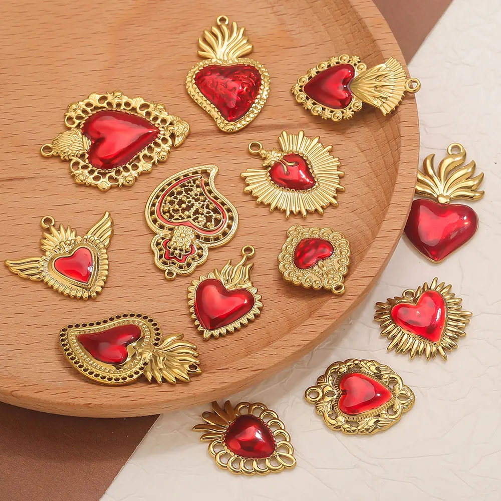 3 قطعة مطلية بالذهب القلب الأحمر المقدس دلايات من الفولاذ المقاوم للصدأ دوريان نمط الحب قلادة DIY بها بنفسك المرأة مجوهرات قلادة القرط سوار #2