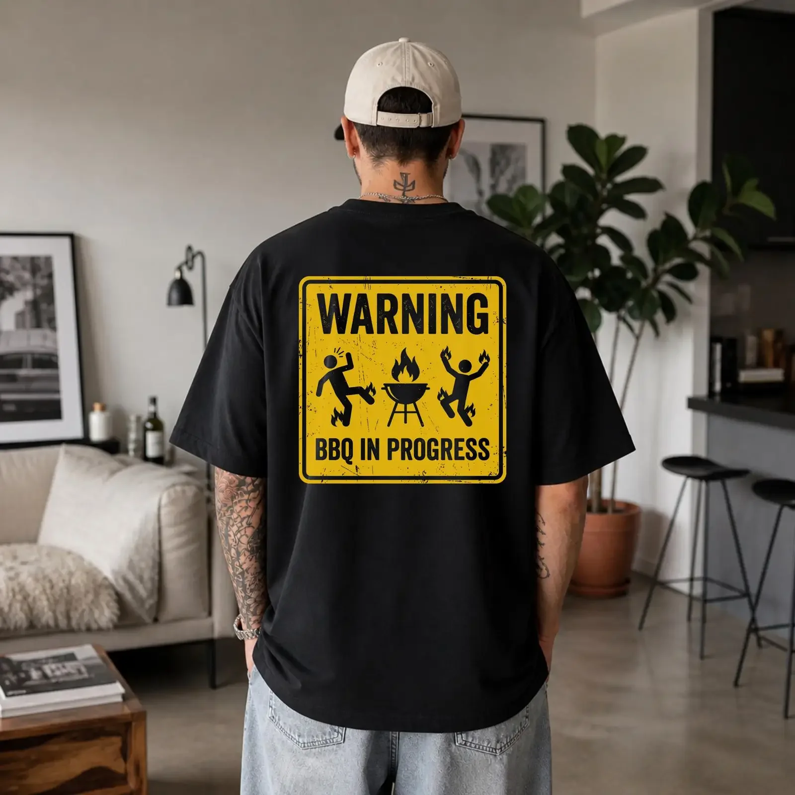 T-shirt BBQ drôle avec avertissement « Grilage en cours » pour homme, style vintage délavé, unisexe, streetwear polyvalent