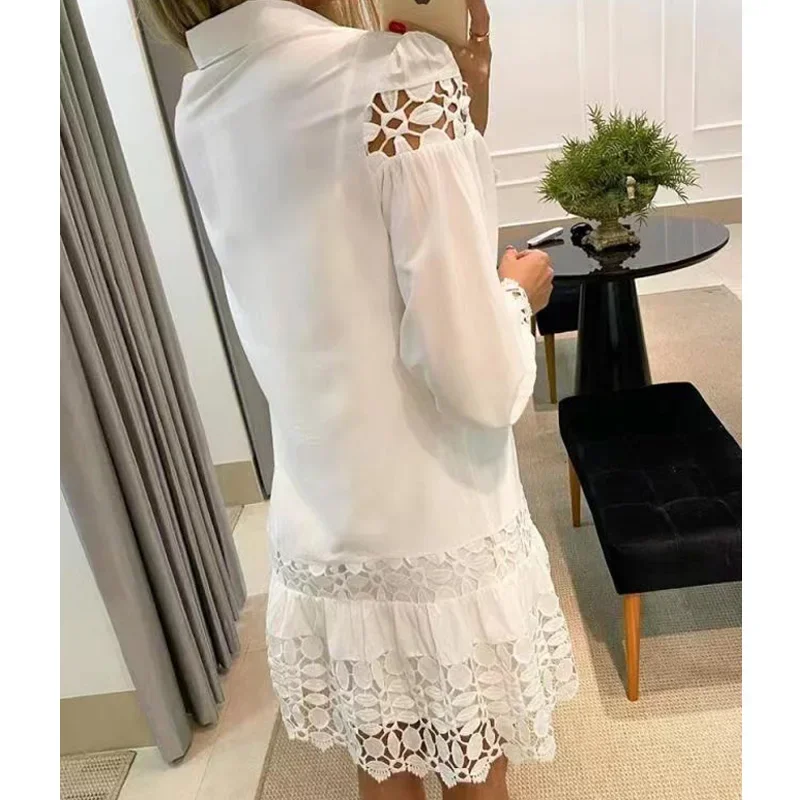 Spring Summer Shirt Dresses Women Two Piece With Lining Elegant Lace Patchwork Slim Dress Ladies Buttons Ruffles Party Dress