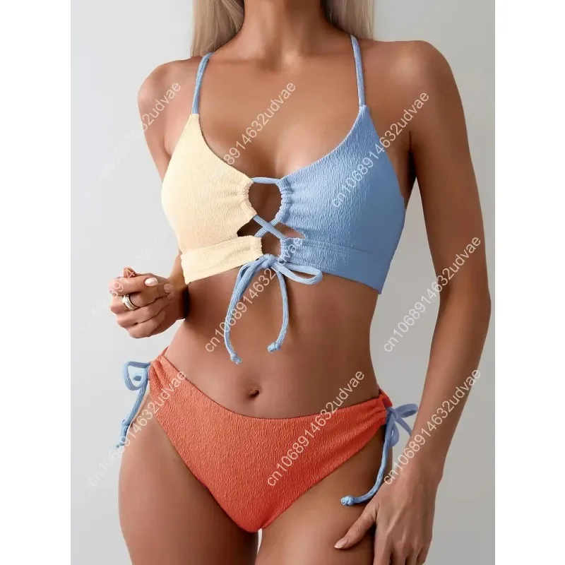 B2prity Women's Sexy Bikini Set Color Block Lace Up 2 Piece Bathing Suit Tie Side Swimsuit