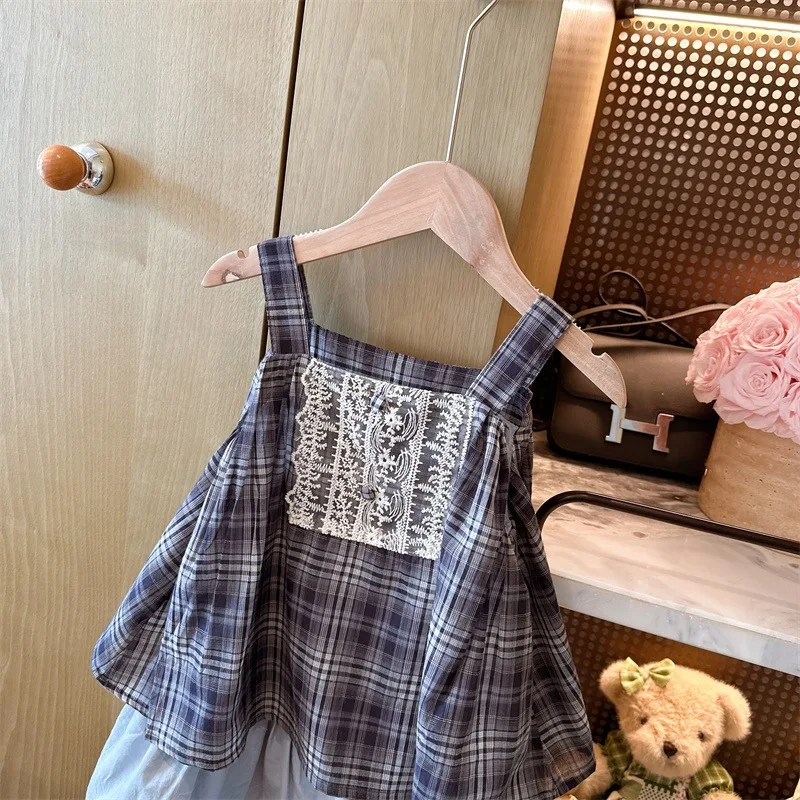 2026 Summer New Girls' Retro Black and White Checkered Double Thin Shoulder Strap Lace Patchwork Lotus Leaf Loose Vest Skirt