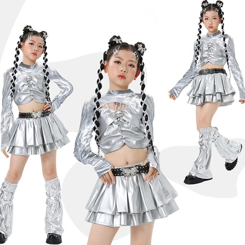 Silvery New Child Jazz Dance Set Dancing Competition Costumes for Girls Hip Hop Tops Skirt Party Stage Perform Outfits XH1443