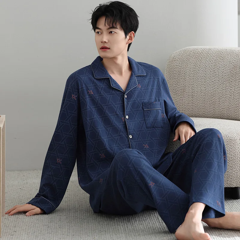 High Quality Big Size M-4XL Men Pajamas Set Knited Cotton Sleepwear Male Autumn Long Sleeve Casual Pyjamas