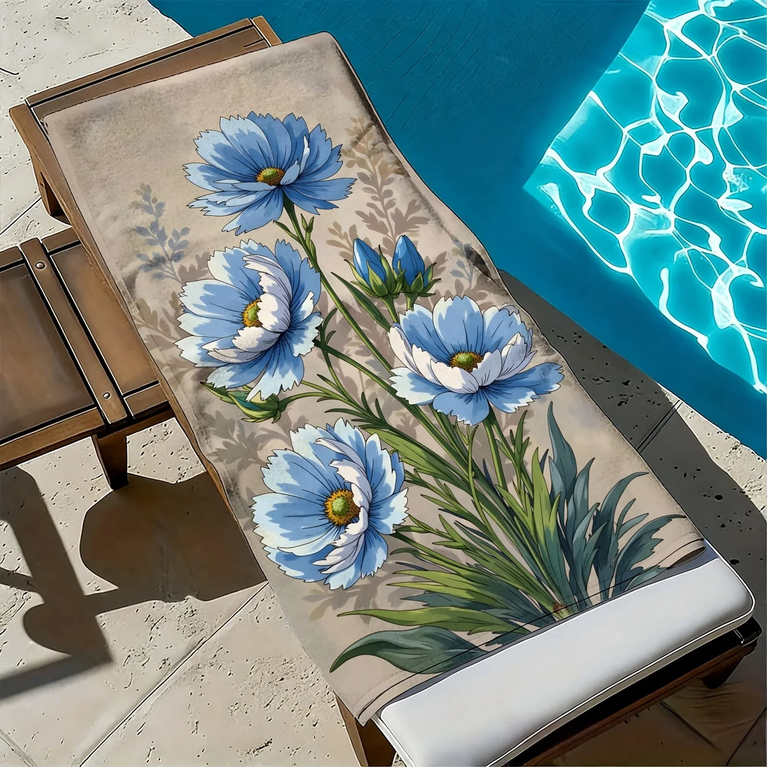 Fresh blue chrysanthemum flower pattern polyester microfiber beach towel highly absorbent, suitable swimming and beach outings