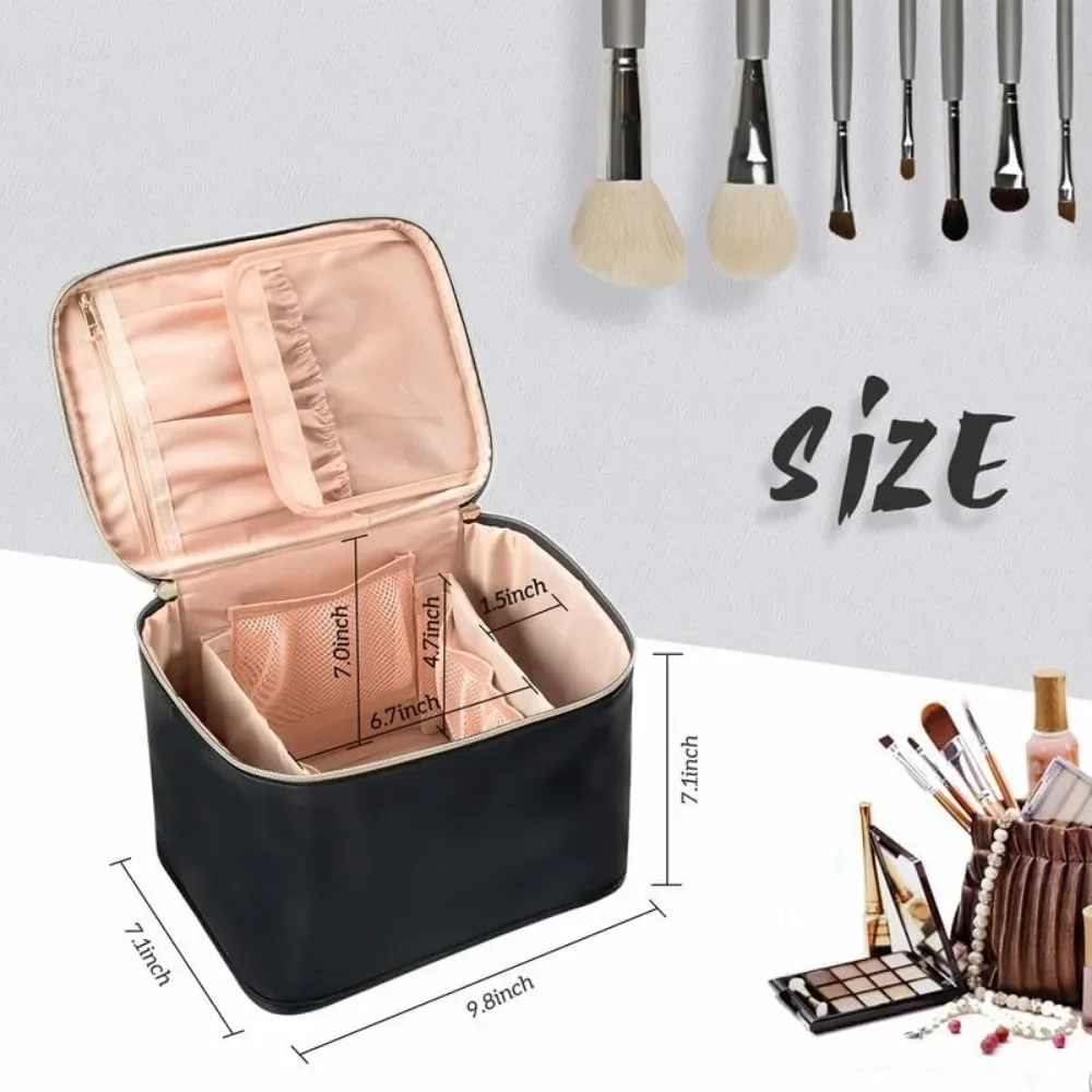 حقيبة مستحضرات التجميل الكبيرة للسفر للسيدات - منظم جلدي مقاوم للماء مع حامل فرشاة وفواصل
