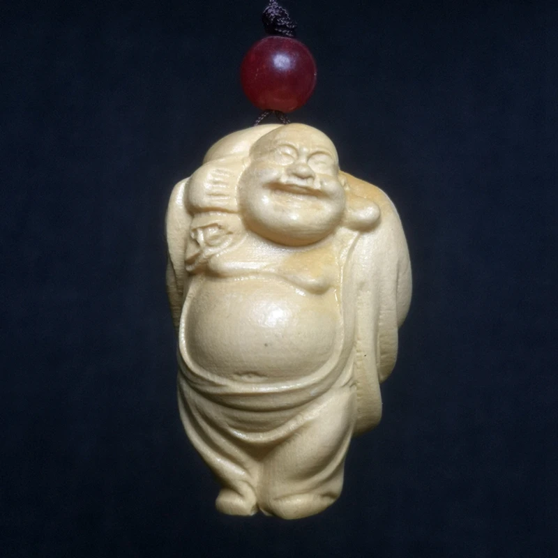 

1919 Antique art Size 1.5 Inch Chinese Boxwood Wood carved fund sources Maitreya Buddha statue Netsuke Gift Collection