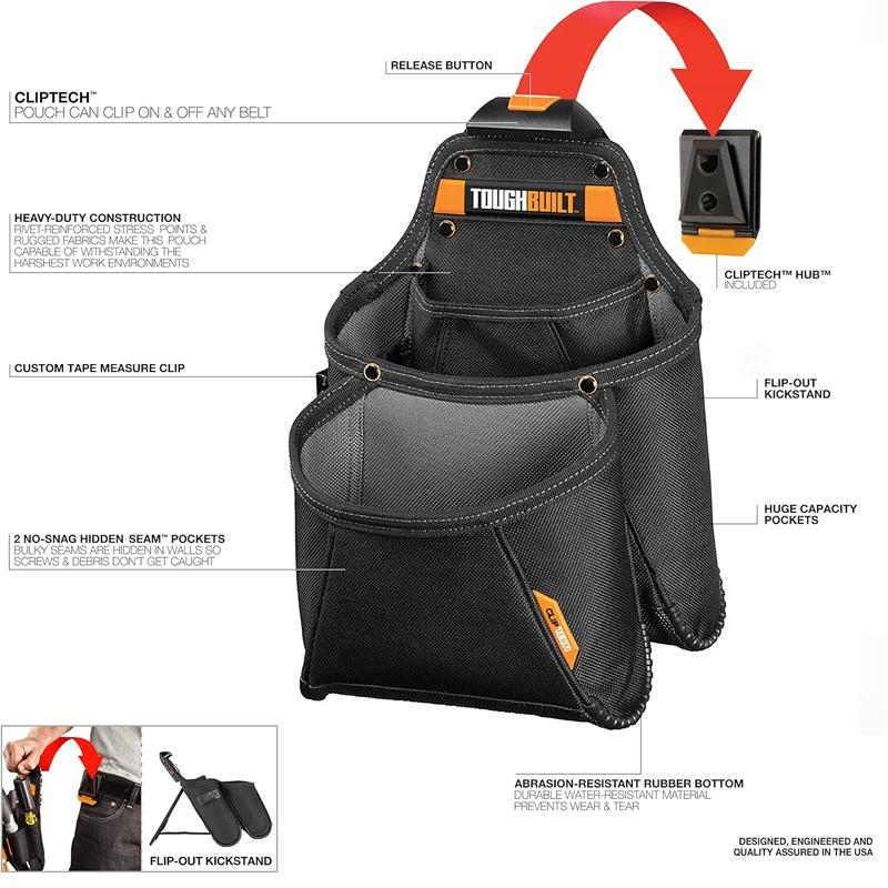 TOUGHBUILT TB-CT-03 Multi-Pocket Organizer Tool Supply Pouch Durable Wear-resistant ClipTech Hub & Work Belts Tool Bag