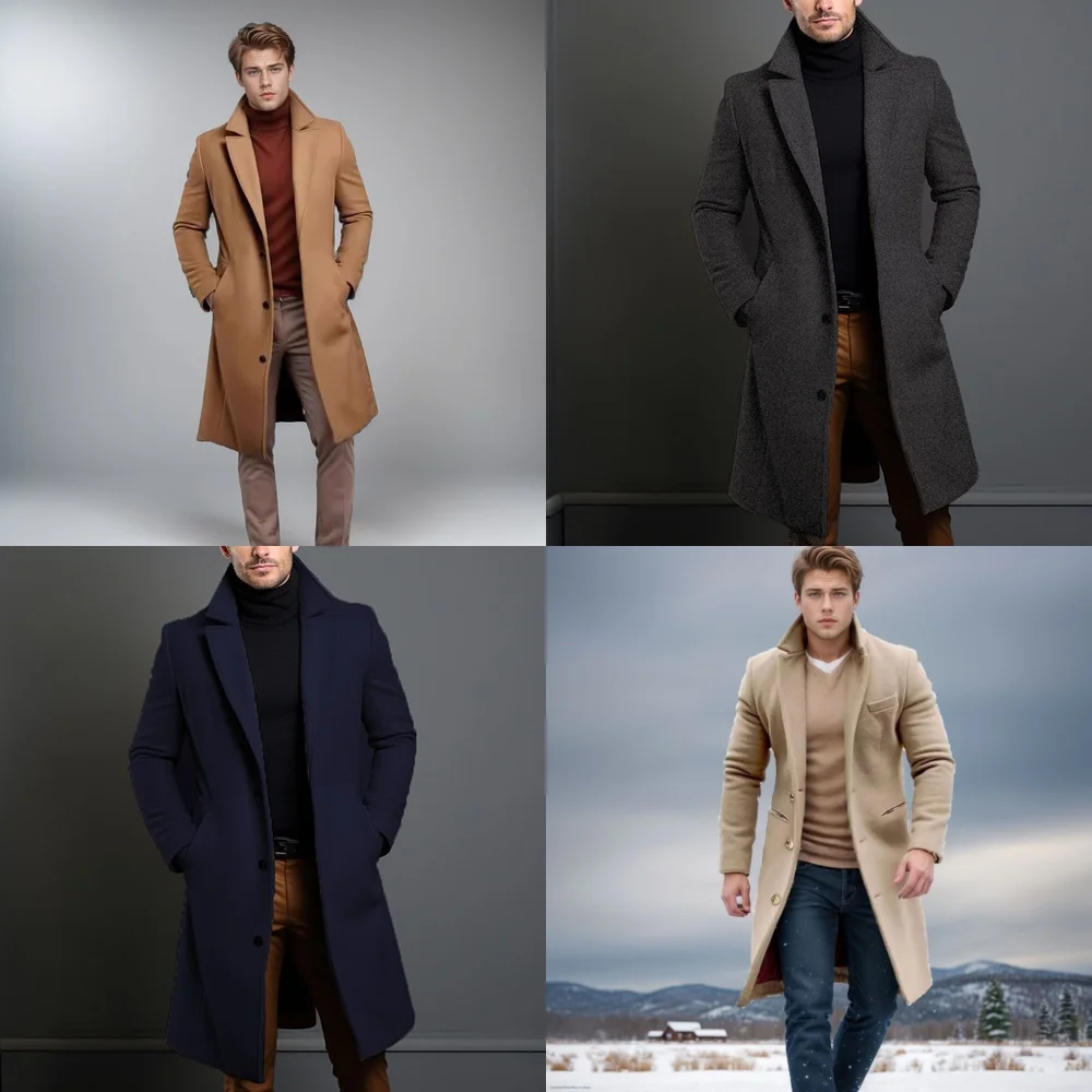 

Windbreaker Jacket Men's Wool Coat Long Trench Coat Slim Fit Notch Lapel Winter Commuter Outerwear