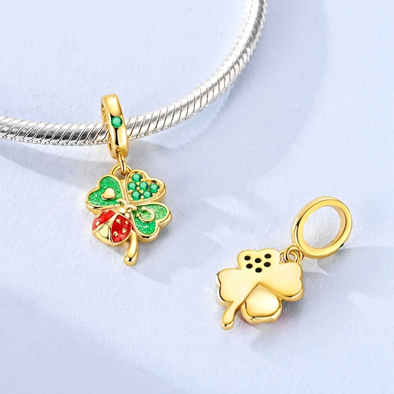 2026 925 Sterling Silver Charms Pendant Golden Lucky Four-leaf Clover Mushroom Bead Fit Bracelet Bangle DIY Jewelry Making Gift - view 6