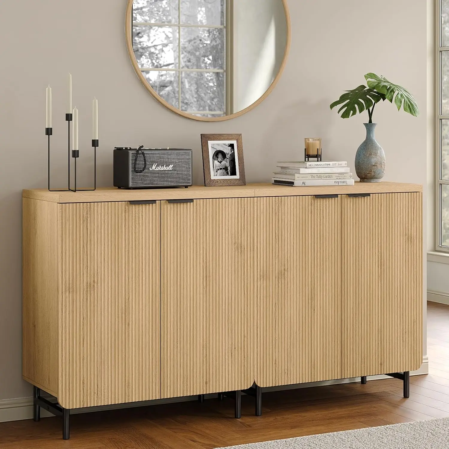 

31.5" Fluted Buffet Cabinet Set 2 Wood Storage Adjustable Shelf Compact Sideboard Entryway Living Room Kitchen Oak, Customized