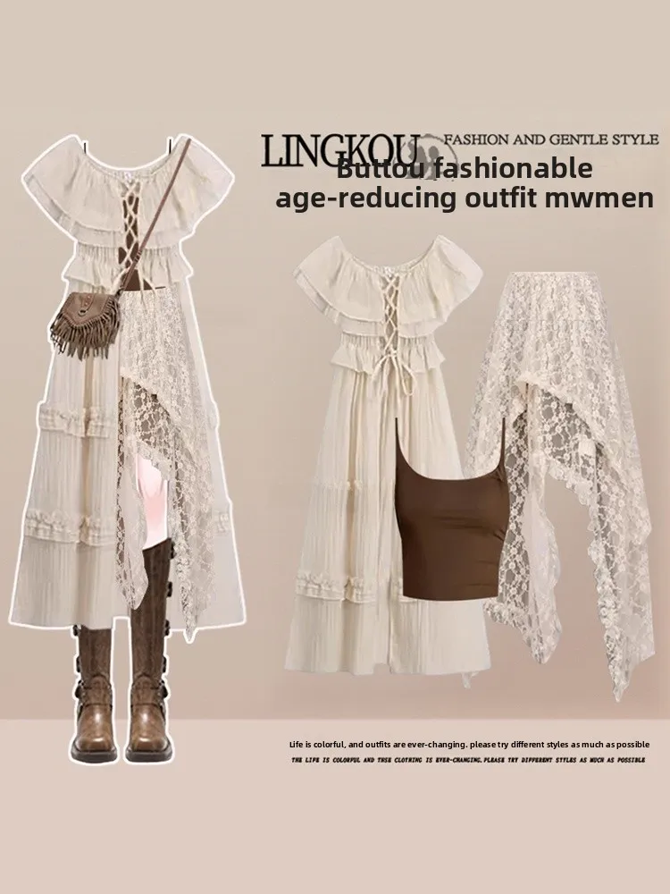 Ensemble de tenue de voyage d'été pour femmes, taille haute, dentelle, dr avec jupe trapèze, t-shirt, grande taille