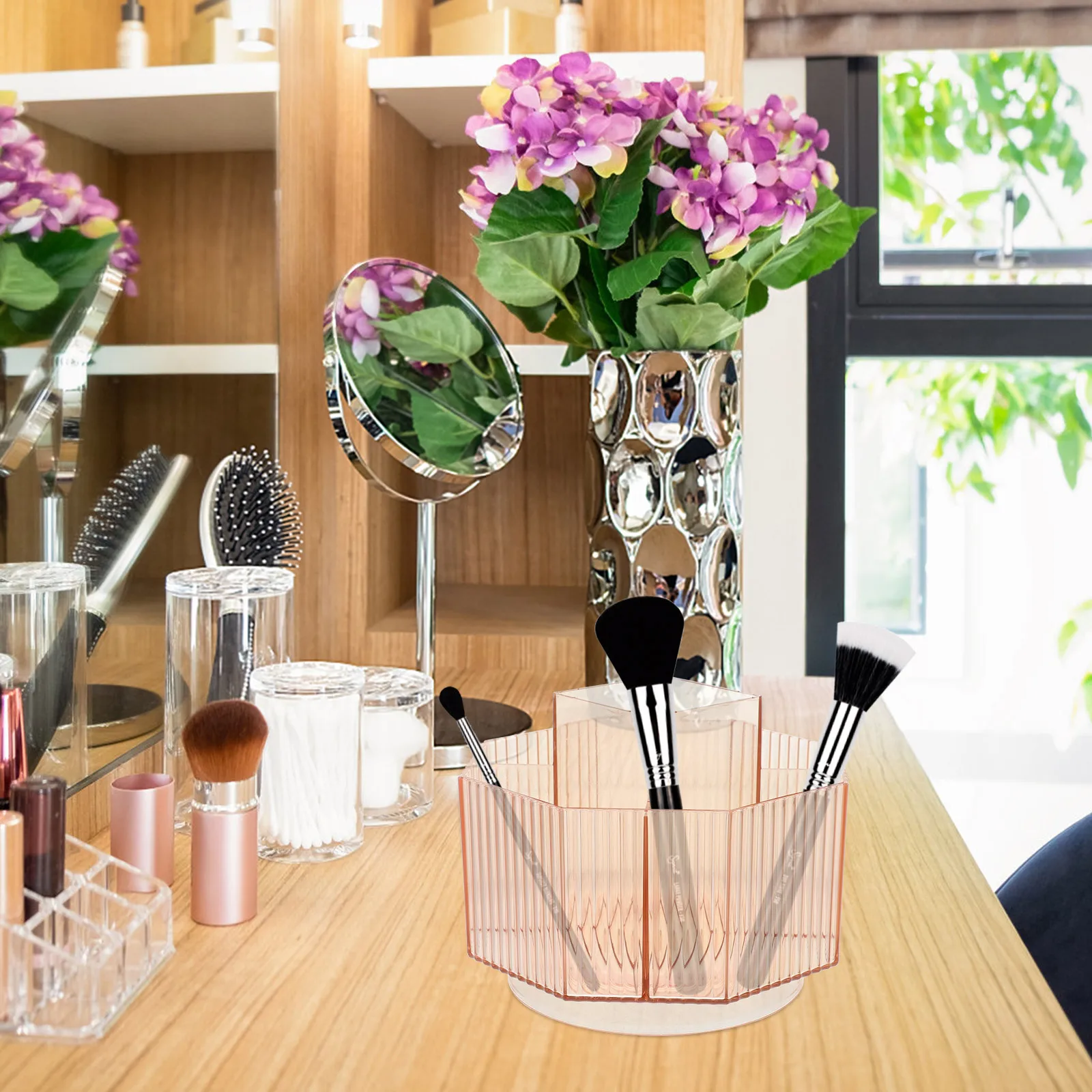

Rotatable Makeup Brush Holder Desktop Organizer Compartment Large Capacity Brush Storage Box 360 Degree Tabletop Makeup