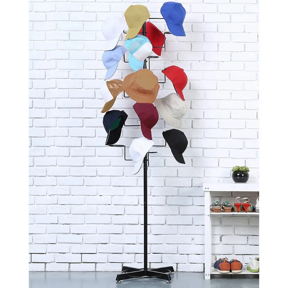 MyGift Modern Large Freestanding Hat Rack Stand, Black Metal Retail Wig or Hat Display Stand with 20 Customizable Circular Hooks