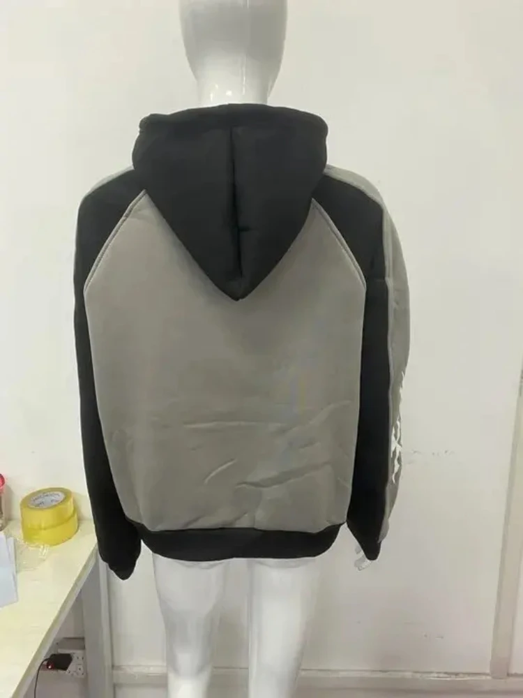 Retro Jacket Streetwear Trend Versatile Hoodie European And American Harajuku Printed Color Blocked Long Sleeved Pullover Hoodie