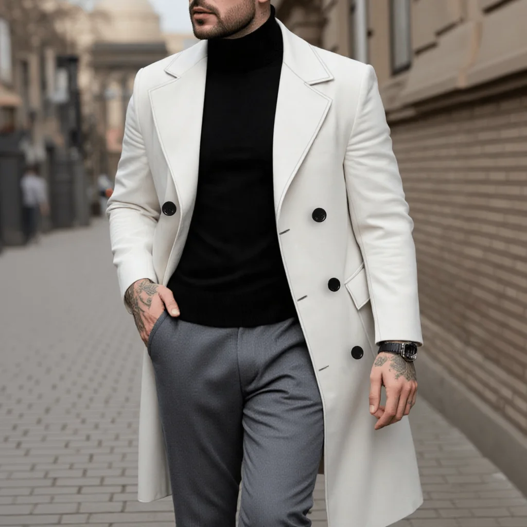 

Men's Elegant Double-Breasted Woolen Overcoat, Long Formal Jacket for Early Autumn - Warm Outdoor Street Style Commute Wear