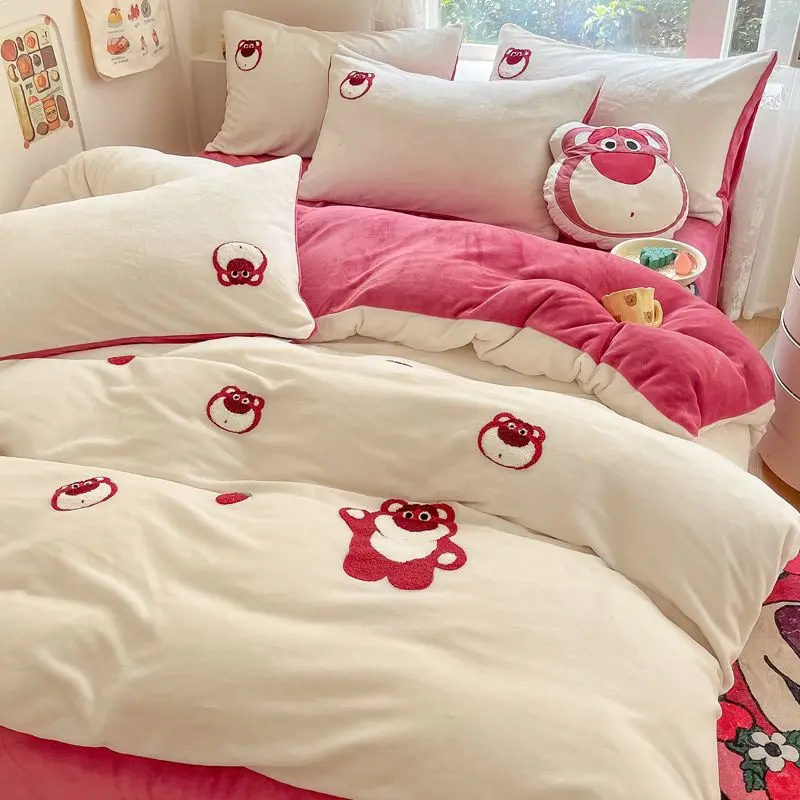 Pooh Bear Lotso Mickey Chip Stitch Donald duck Tigger new cute cartoon print thickened milk velvet warm bed sheet set of four