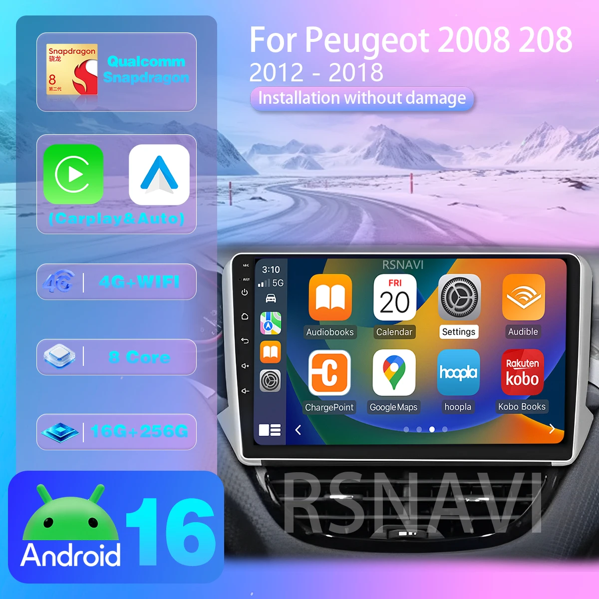 Reproductor Multimedia con Navegación Android 16 Carplay para Peugeot 2008 208 Serie 2012-2018, Estéreo para Auto, Video, Radio para Auto, Qualcomm