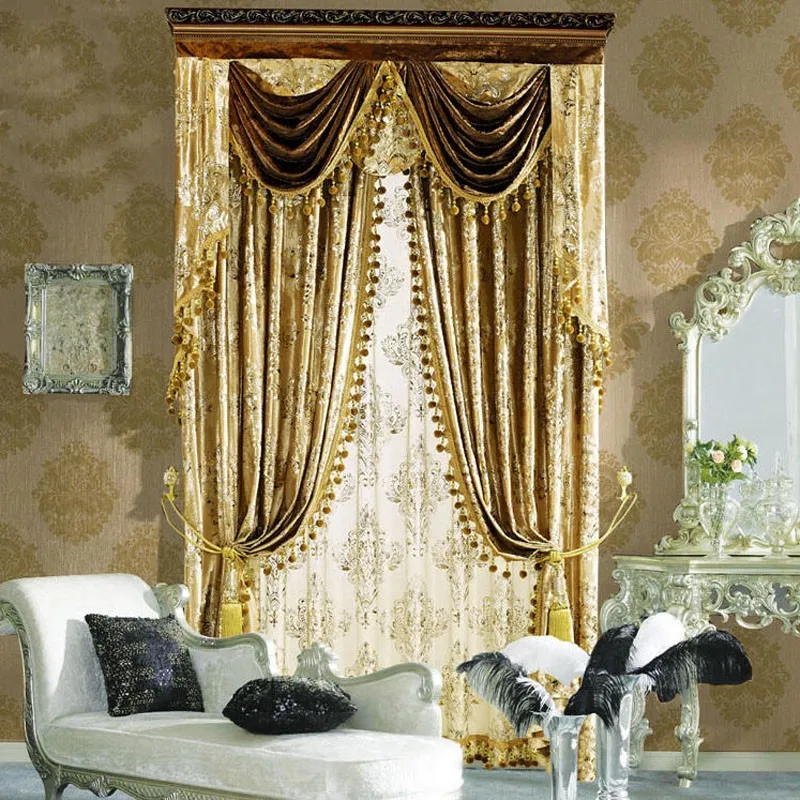 Luxury Living Room Curtains Hotel Hall Classic Elegant Golden Flowers Press-On Small Fur Surface Apricot Gold Valance Curtain
