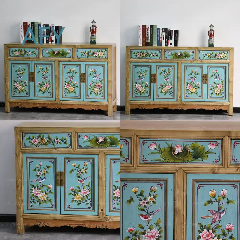 Hand-painted Retro-style Modern Chinese Solid Wood Sideboard Cabinet for Entryway Storage Tea Kitchen Use