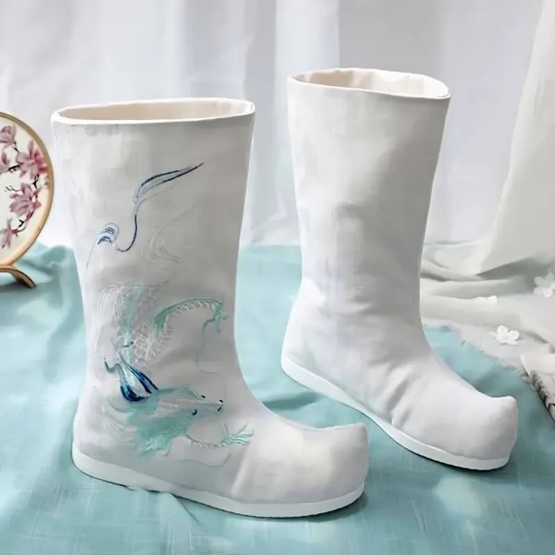 Chinese Hanfu Soap Boots Men Vintage Embroidered Black White Inner Heightened Sole 4CM Hanfu Boots Shoes Plus Size For Women