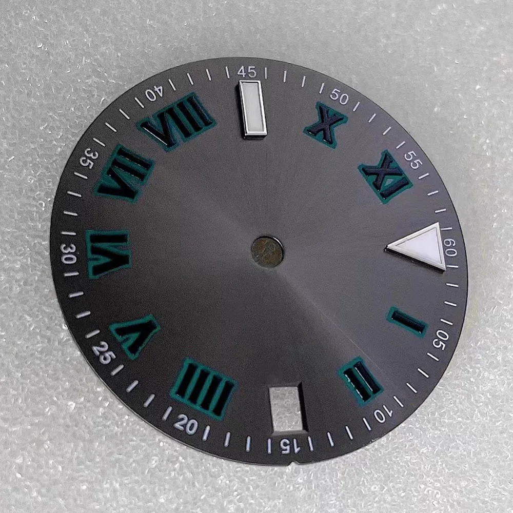 NH35 Dial 28.5mm, Green Luminous Roman Numeral Watch Dial for NH35 NH36 Movement Single Calendar Watch Face Accessories