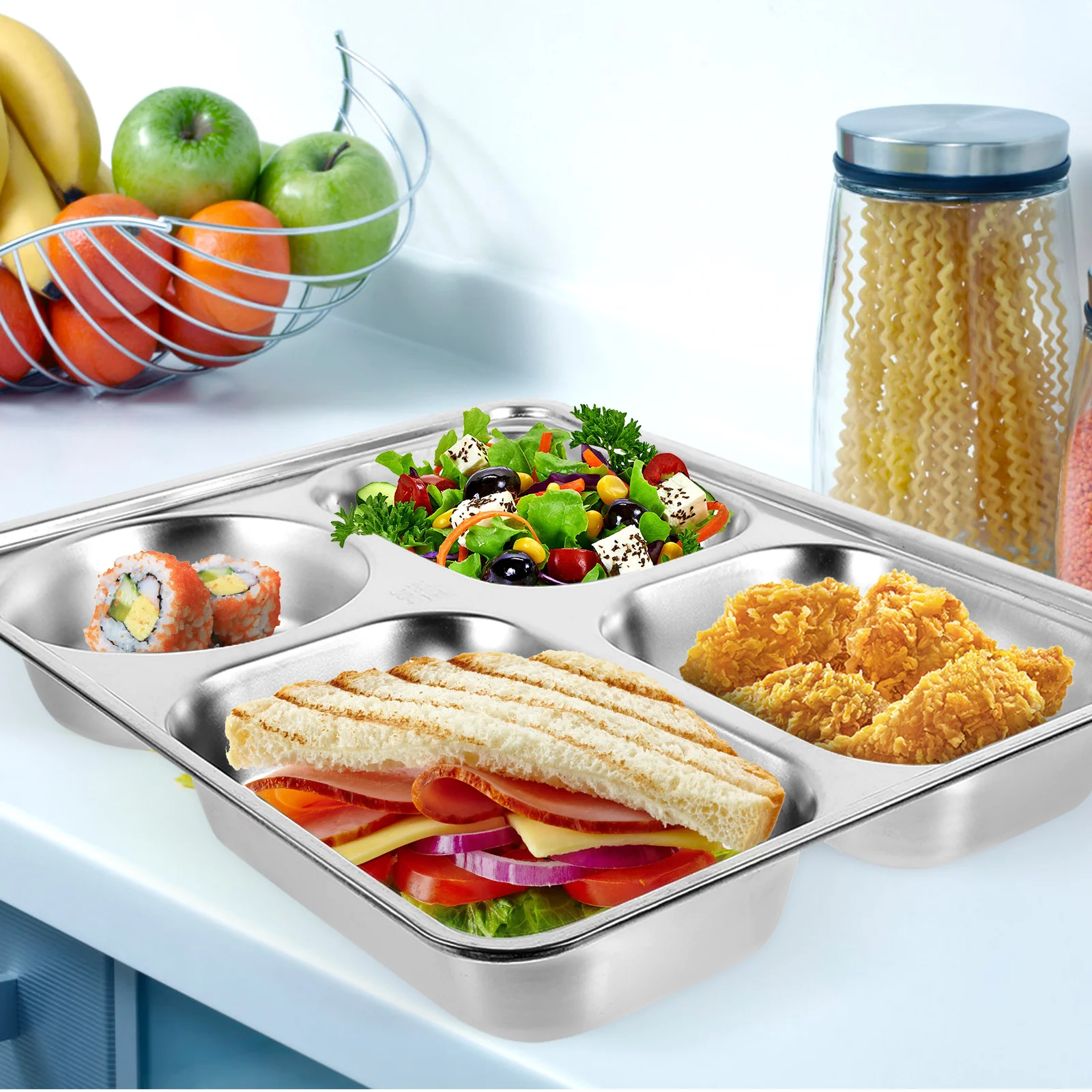 

1pc Stainless Steel Divided Dinner Plate Food Control Tray For Meals Soup Vegetables Household Kitchen Restaurant Cafeteria Use