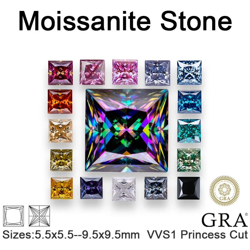 Moissanite Loose Stone VVS1 Princess Cut Multiple Color Pass Diamond Tester Beads Charms for Jewelry Making with Certificate